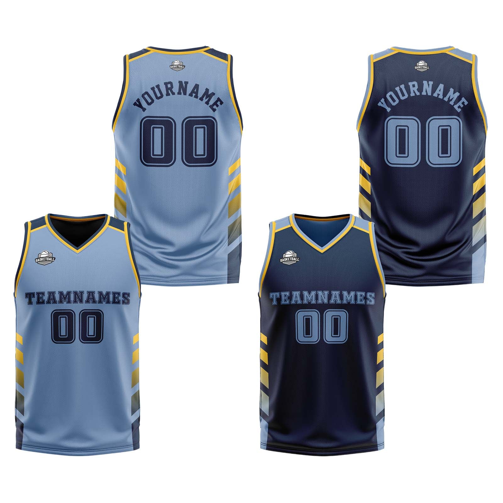 Traje de baloncesto reversible personalizado azul claro-azul marino y amarillo para adultos y niños