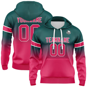 Sudadera con capucha personalizada con degradado para hombre-mujer-niña o niño Estampa tu logotipo-nombre y número en verde oscuro y rosa