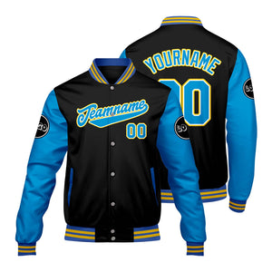 Chaquetas universitarias personalizadas en negro y azul para hombres & mujeres y jóvenes & Chaquetas Letterman personalizadas