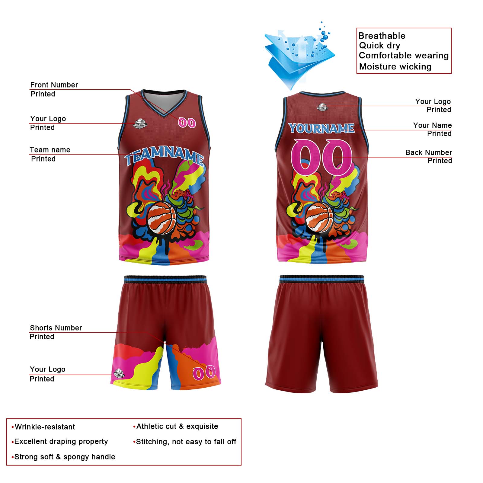 Uniforme de baloncesto personalizado color burdeos con tu logotipo-nombre y número impresos