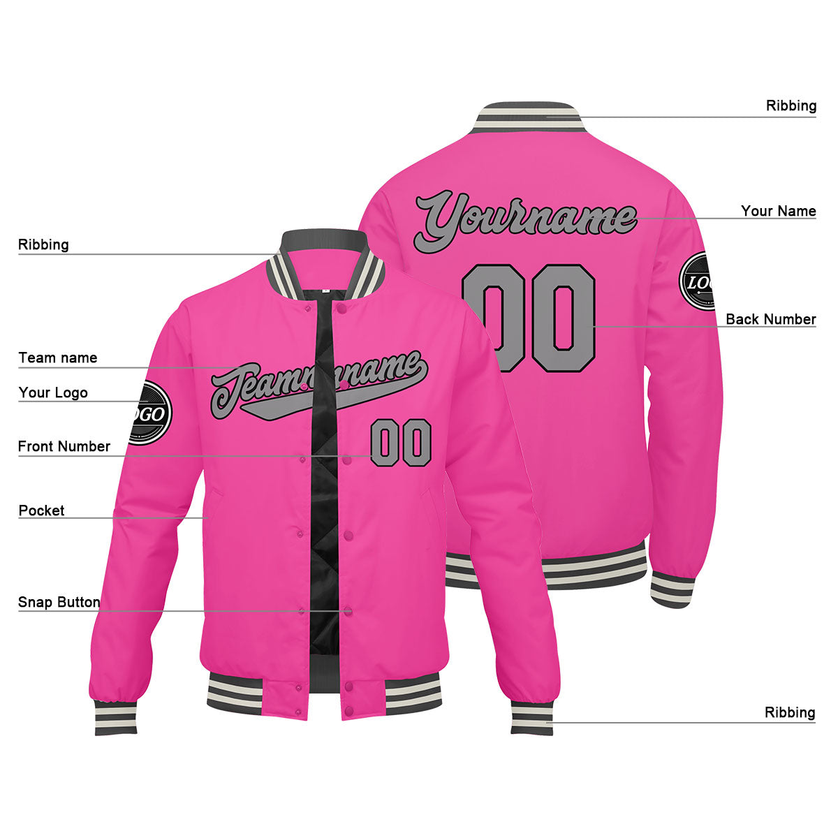 Chaqueta universitaria personalizada estilo Letterman para hombres-mujeres y jóvenes-color rosa