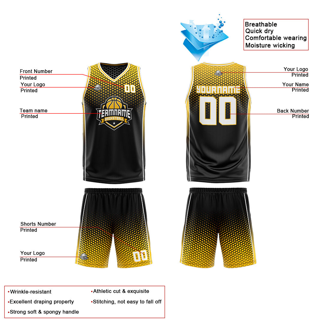 Traje de baloncesto reversible personalizado en negro-amarillo y blanco para adultos y niños