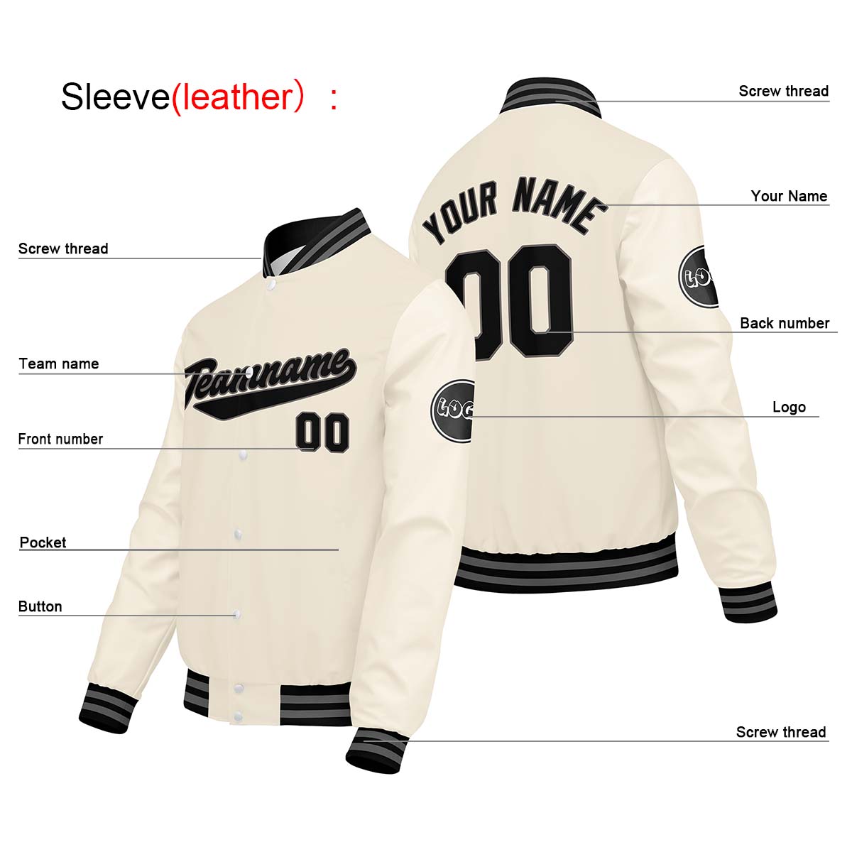 Chaquetas universitarias personalizadas color crema y blanco para hombres & mujeres y jóvenes & Chaquetas Letterman personalizadas