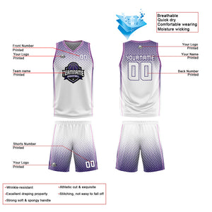 Traje de baloncesto reversible personalizado blanco-morado y rosa para adultos y niños