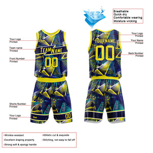 Uniforme de baloncesto personalizado azul marino y amarillo con tu logotipo-nombre y número impresos