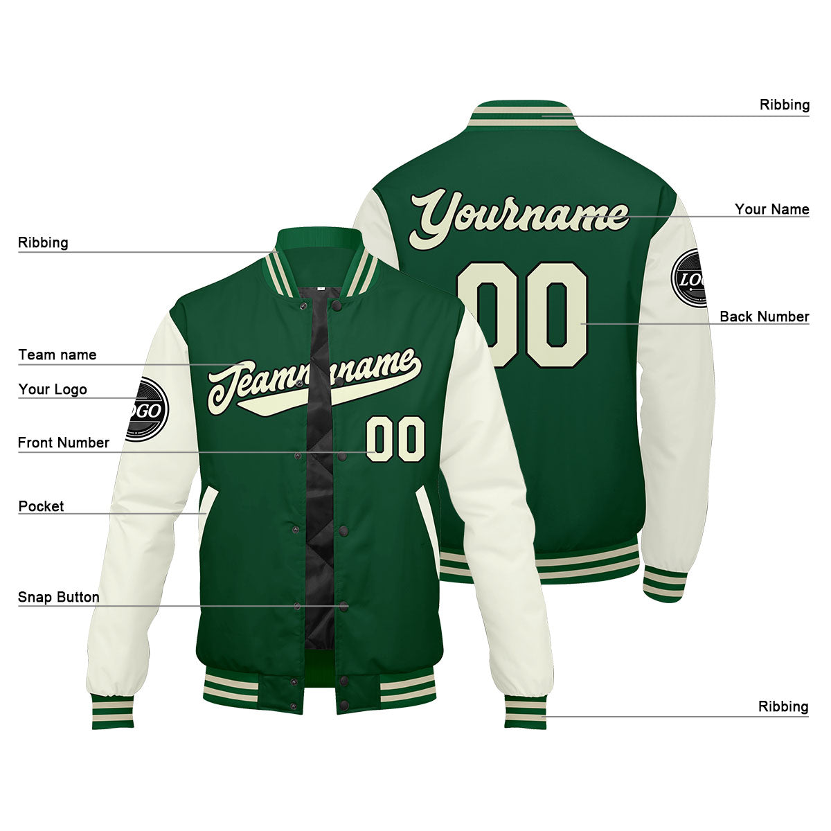 Chaqueta universitaria personalizada estilo Letterman para hombres-mujeres y jóvenes-color verde crema