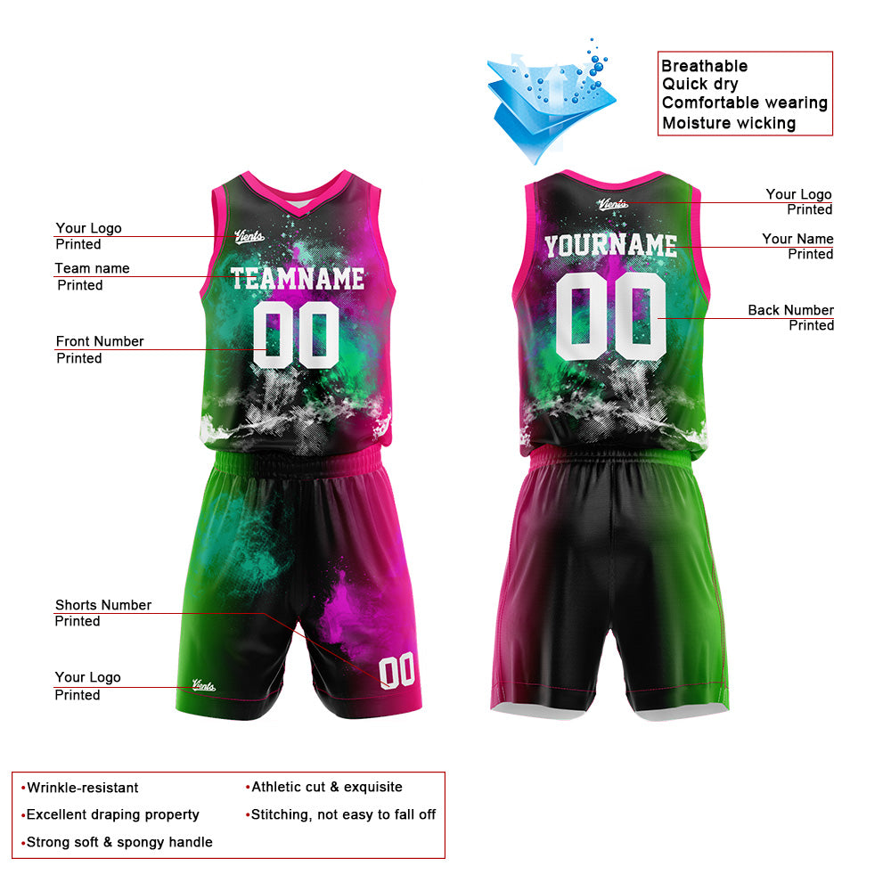Uniforme de baloncesto personalizado Splash Rose Green con tu logotipo-nombre y número impresos