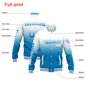 Chaqueta universitaria personalizada estilo Letterman para hombres-mujeres y jóvenes-color blanco con degradado azul