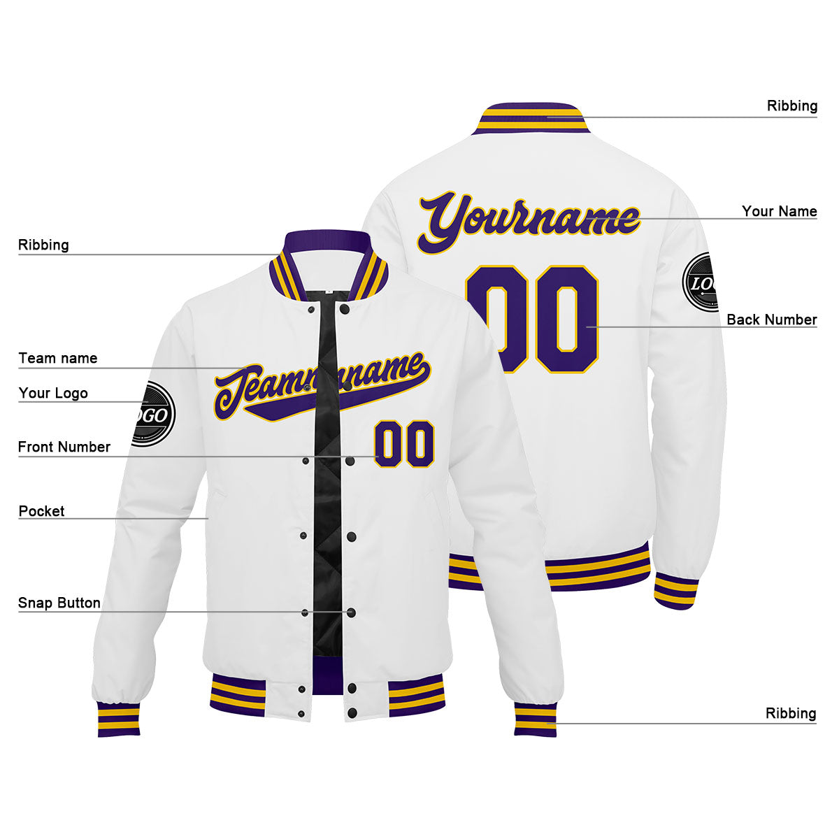 Chaqueta universitaria personalizada estilo Letterman para hombres-mujeres y jóvenes-color morado-blanco y amarillo