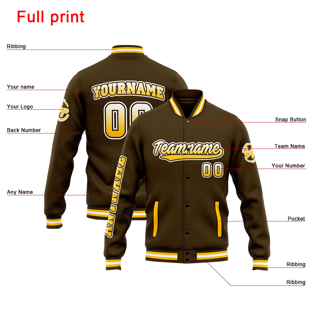 Chaqueta universitaria personalizada estilo Letterman para hombres-mujeres y jóvenes-color marrón y amarillo