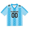 Camiseta de fútbol personalizada con franja azul y nombre del equipo impresos y bordados