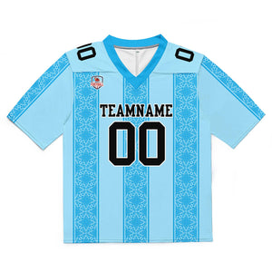 Camiseta de fútbol personalizada con franja azul y nombre del equipo impresos y bordados