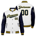 Chaqueta universitaria personalizada estilo Letterman para hombres-mujeres y jóvenes en azul marino-blanco y amarillo