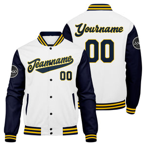 Chaqueta universitaria personalizada estilo Letterman para hombres-mujeres y jóvenes en azul marino-blanco y amarillo