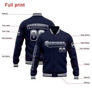 Chaqueta universitaria personalizada estilo Letterman para hombres-mujeres y jóvenes-color azul marino y blanco