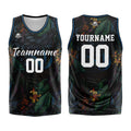 Uniforme de baloncesto personalizado negro con estampado de logotipo-nombre y número de la selva tropical