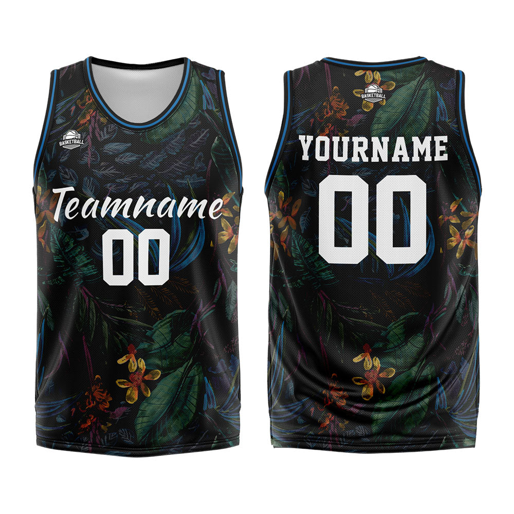 Uniforme de baloncesto personalizado negro con estampado de logotipo-nombre y número de la selva tropical
