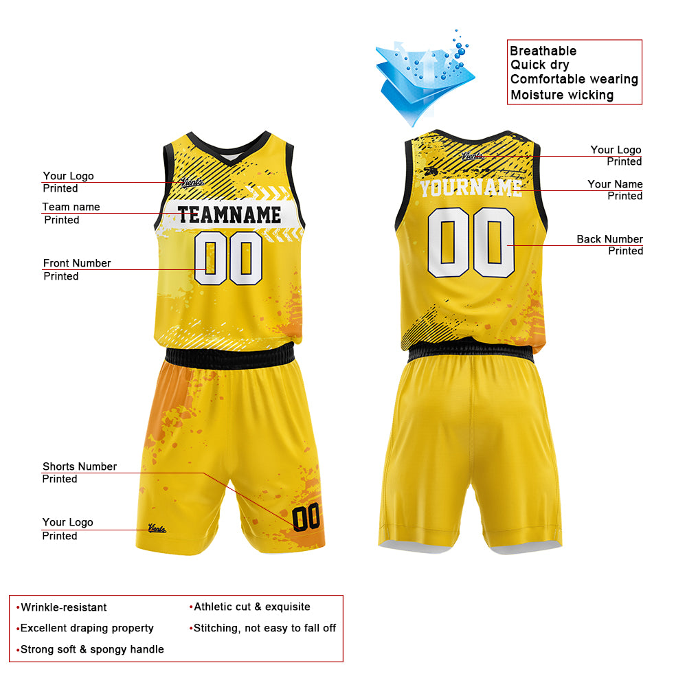 Uniforme de baloncesto amarillo personalizado con tu logotipo-nombre y número impresos