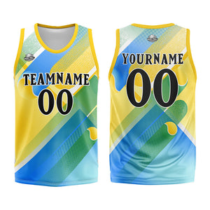 Uniforme de baloncesto personalizado amarillo y azul con tu logotipo-nombre y número impresos
