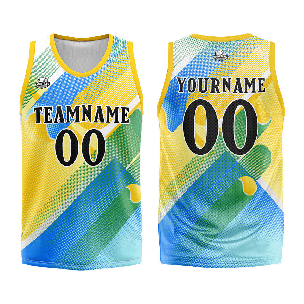 Uniforme de baloncesto personalizado amarillo y azul con tu logotipo-nombre y número impresos