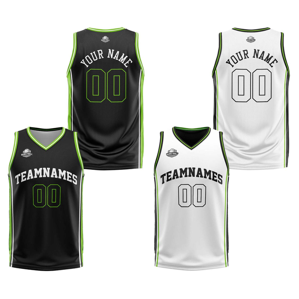 Traje de baloncesto reversible personalizado en negro-blanco y verde neón para adultos y niños