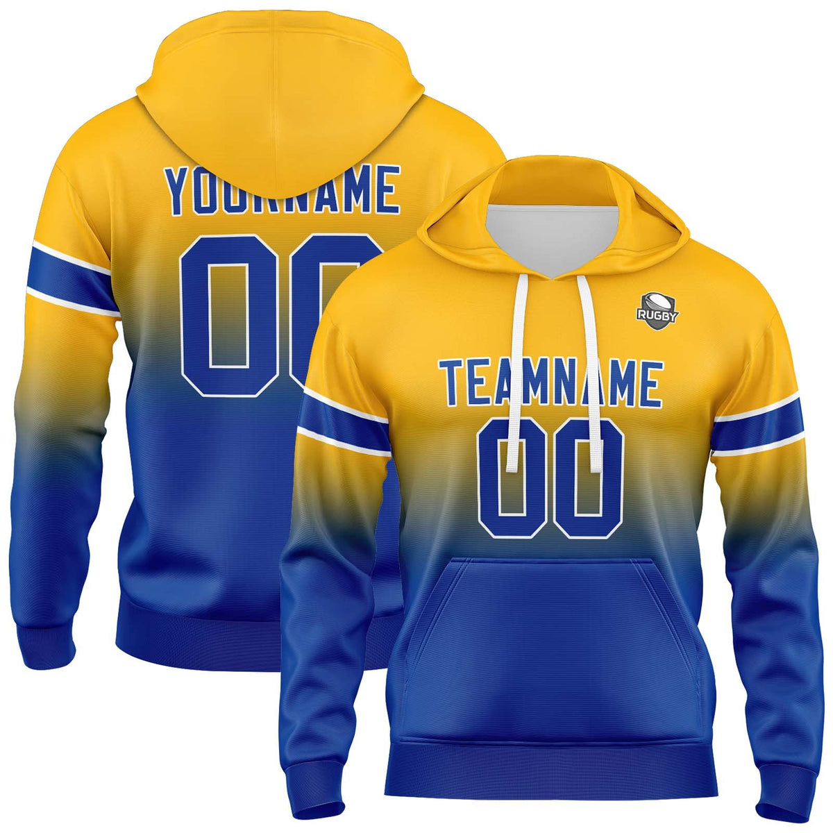 Sudadera con capucha personalizada con degradado para hombre-mujer-niña o niño Estampa tu logotipo-nombre y número en amarillo y azul