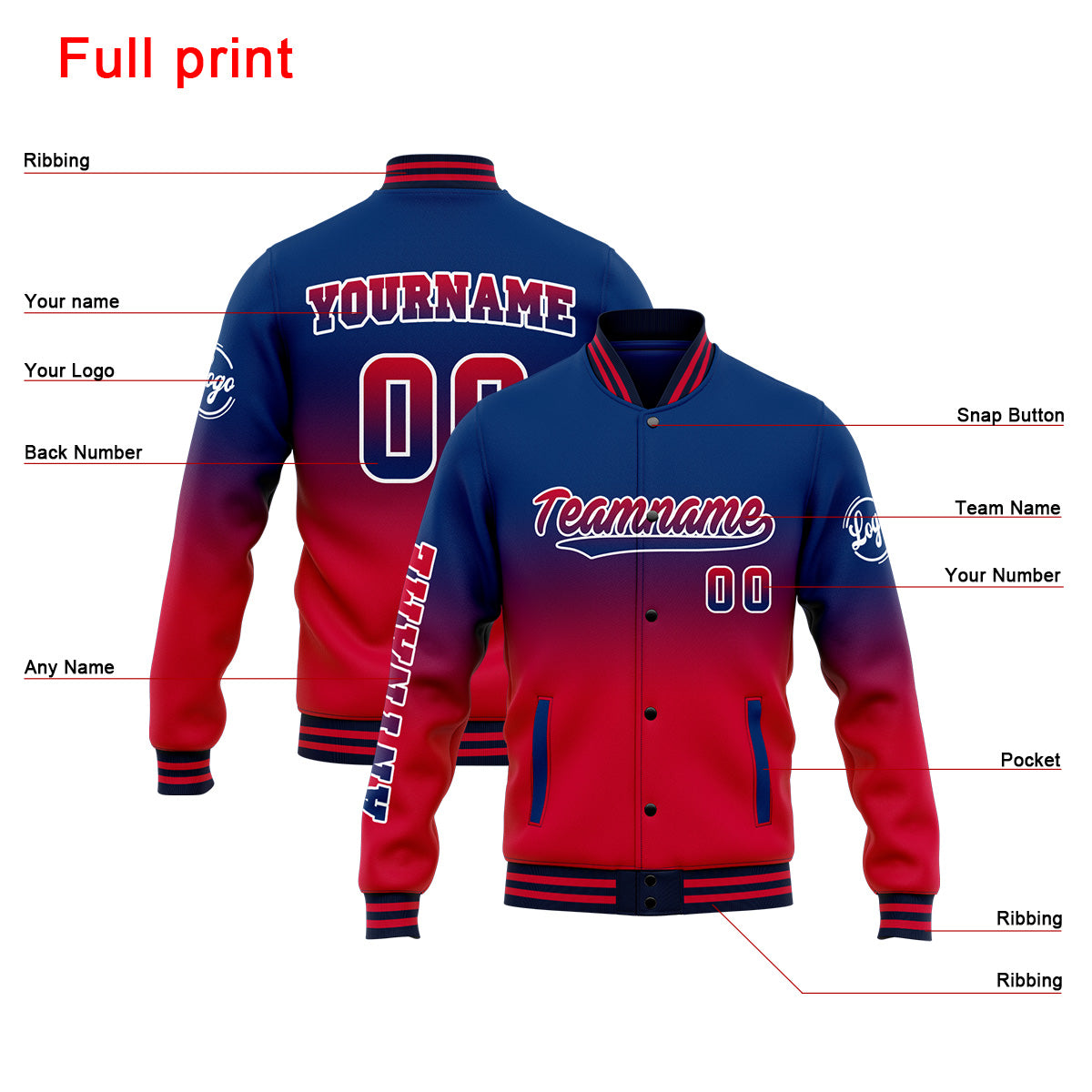 Chaqueta universitaria personalizada estilo Letterman para hombres-mujeres y jóvenes-color azul marino y rojo