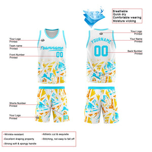 Uniforme de baloncesto personalizado blanco y azul claro con tu logotipo-nombre y número impresos