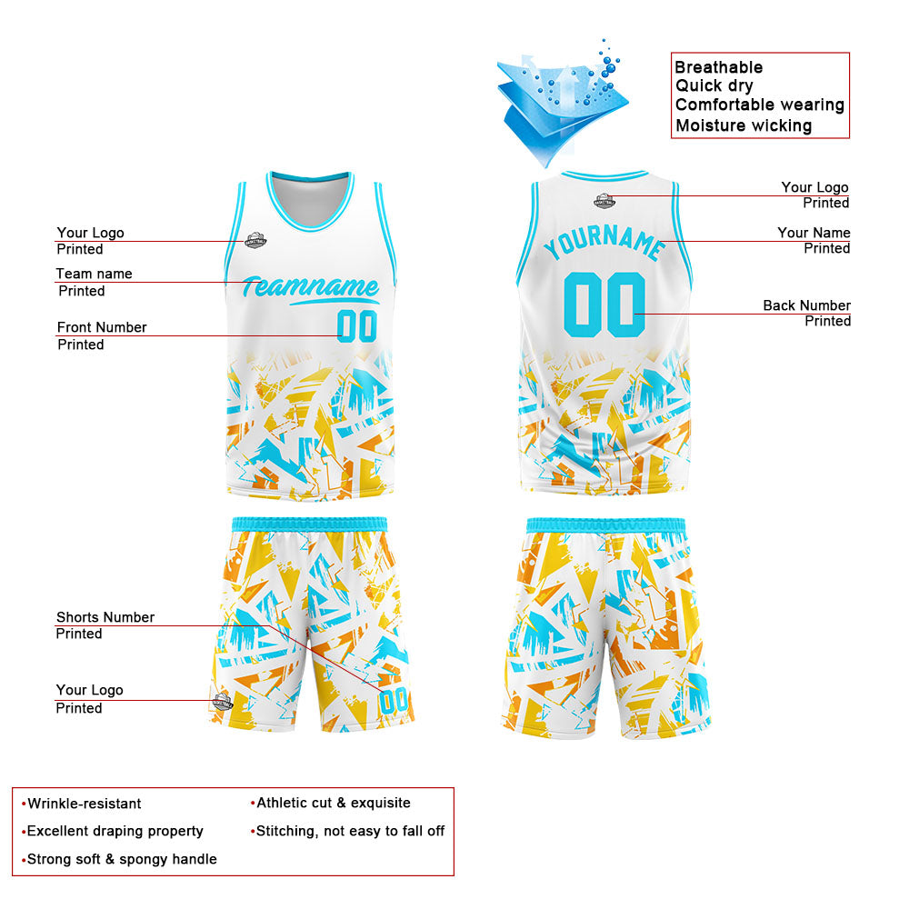 Uniforme de baloncesto personalizado blanco y azul claro con tu logotipo-nombre y número impresos