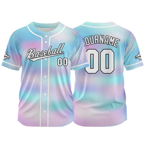 Camiseta de béisbol con dise?o personalizado estampado completo color morado claro-azul claro