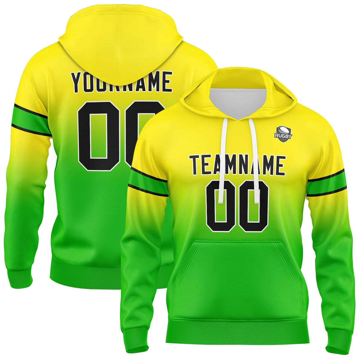 Sudadera con capucha degradada personalizada para hombre-mujer-niña o niño Estampa tu logotipo-nombre y número en amarillo y verde