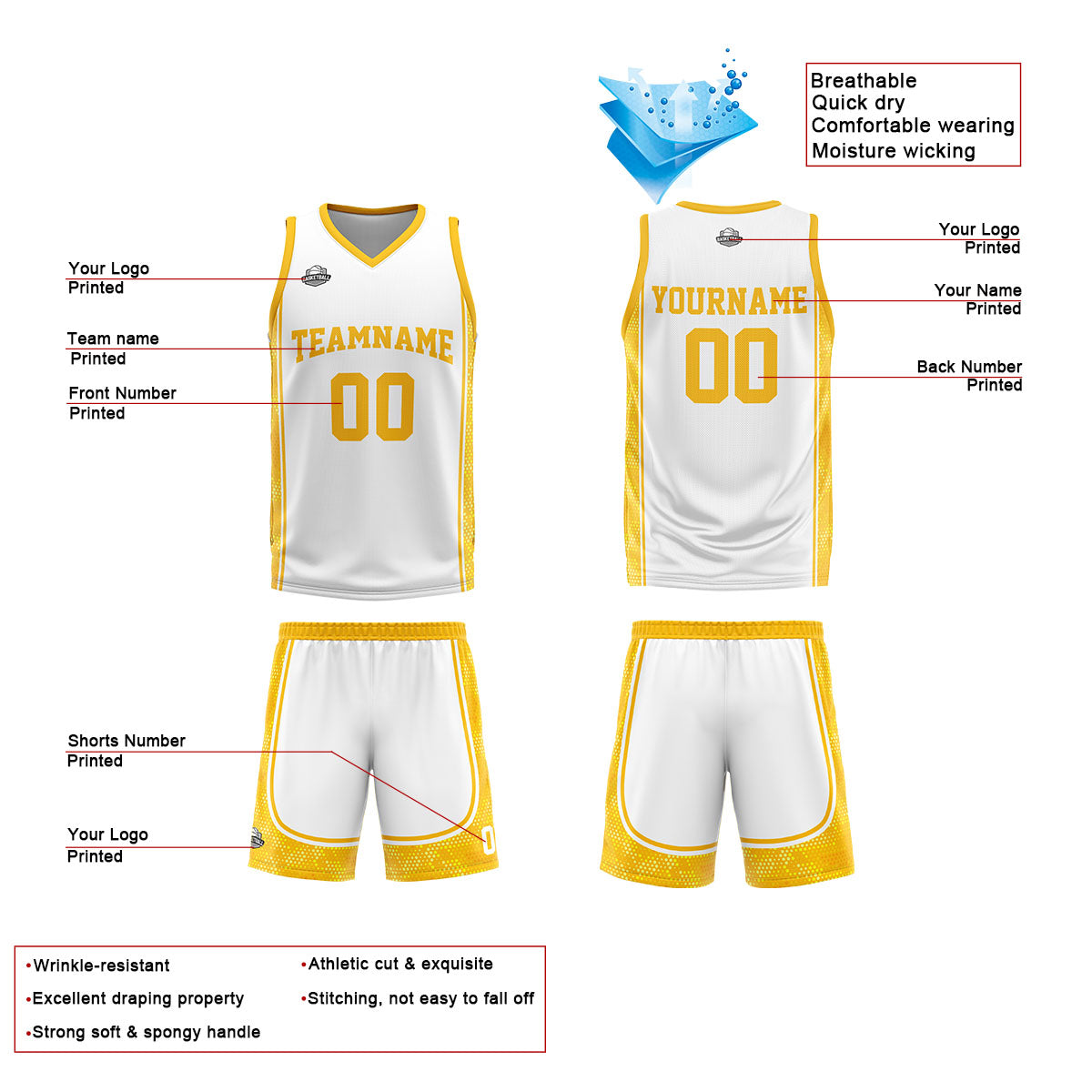 Uniforme de baloncesto personalizado blanco y naranja con tu logotipo-nombre y número impresos