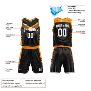 Uniforme de baloncesto personalizado en negro y naranja con tu logotipo-nombre y número impresos