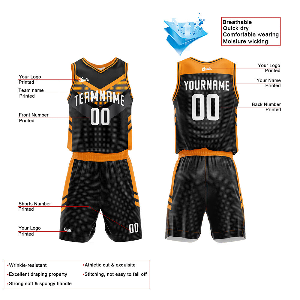 Uniforme de baloncesto personalizado en negro y naranja con tu logotipo-nombre y número impresos