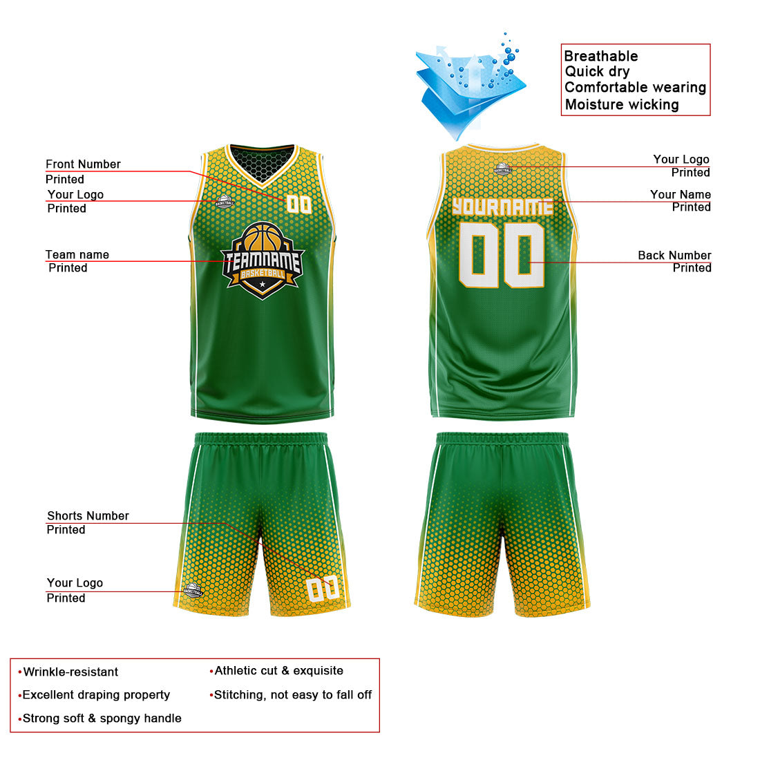 Traje de baloncesto reversible personalizado verde-amarillo y blanco para adultos y niños
