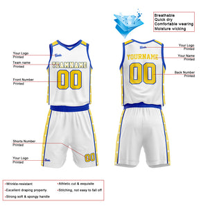 Uniforme de baloncesto personalizado blanco y amarillo real con su logotipo-nombre y número impresos