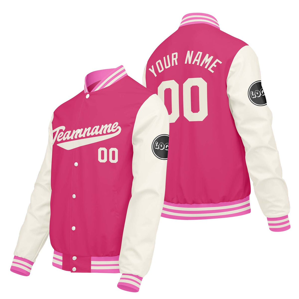 Chaquetas universitarias personalizadas en rosa & crema y blanco para hombres & mujeres y jóvenes & Chaquetas Letterman personalizadas