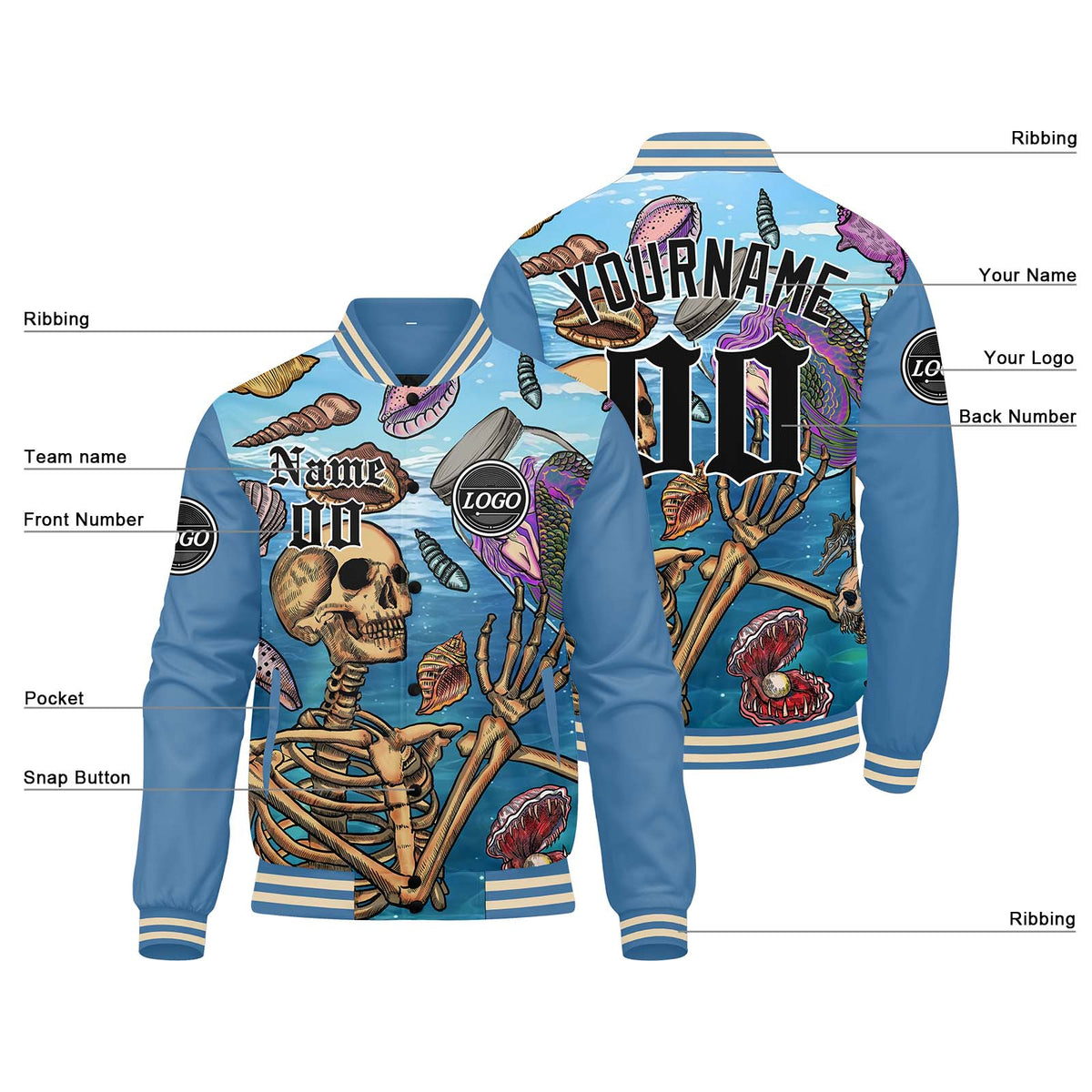 Chaqueta universitaria personalizada estilo Letterman para hombres-mujeres y jóvenes-color azul claro
