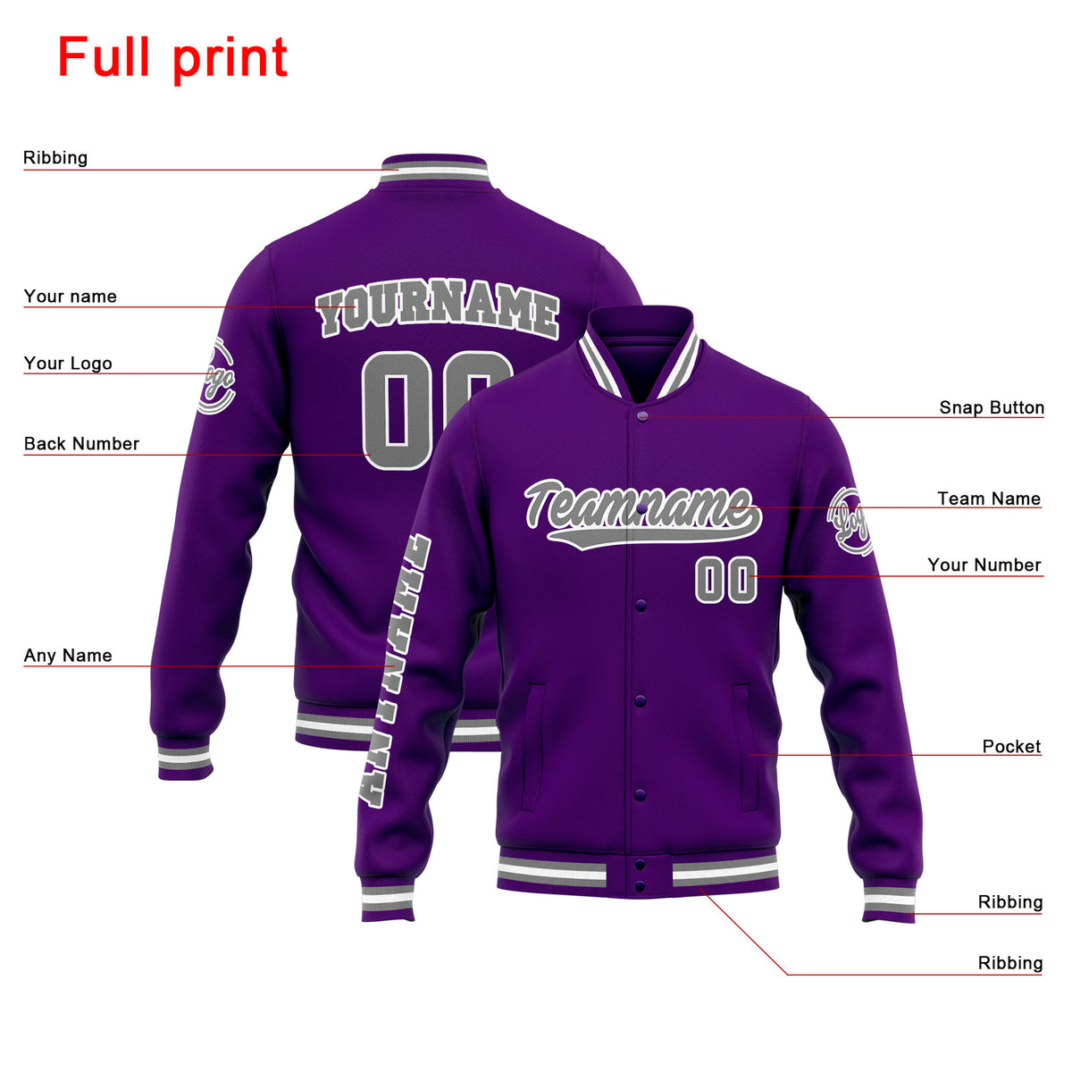 Chaqueta universitaria personalizada estilo Letterman para hombres-mujeres y jóvenes-color morado y gris
