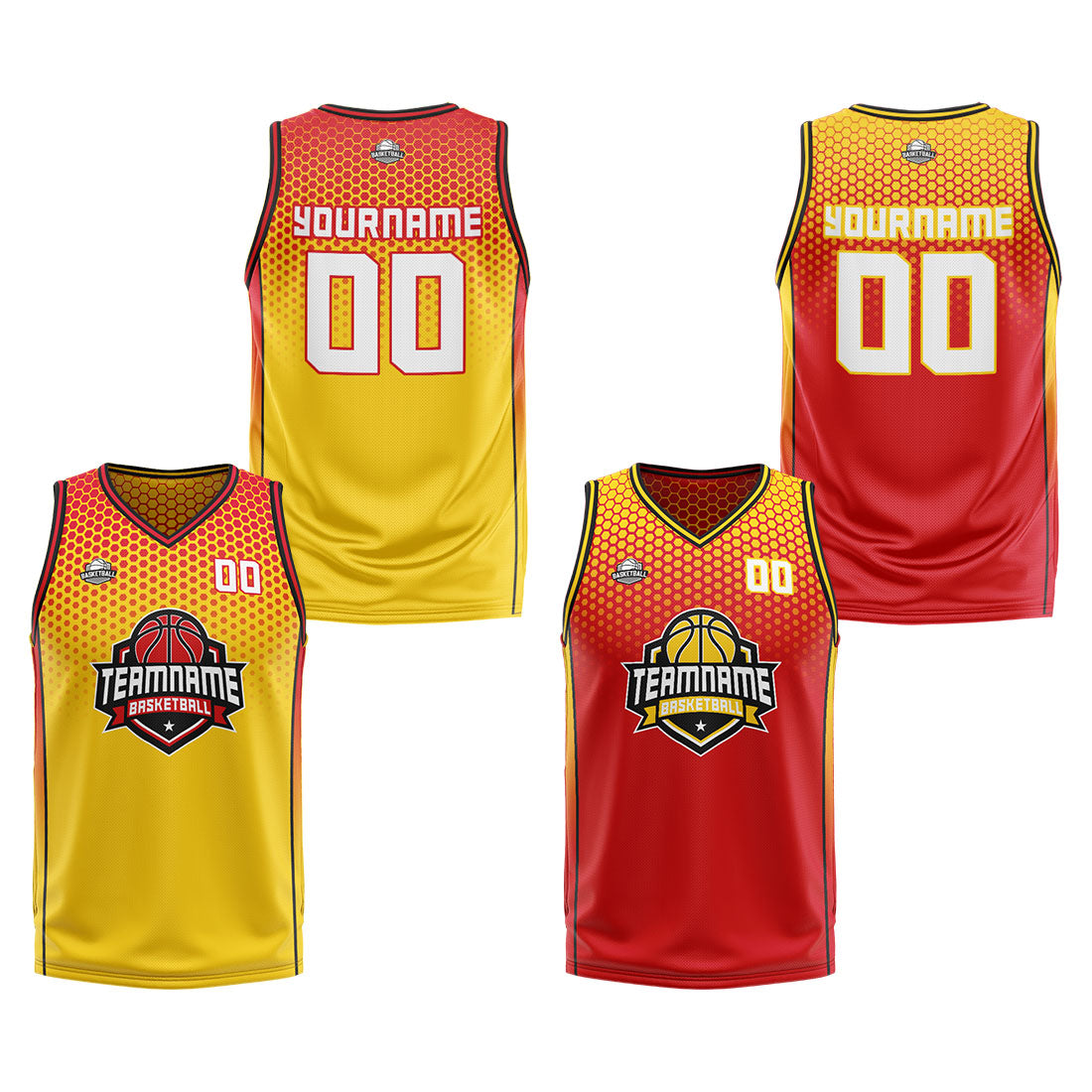 Traje de baloncesto reversible personalizado amarillo-rojo y negro para adultos y niños