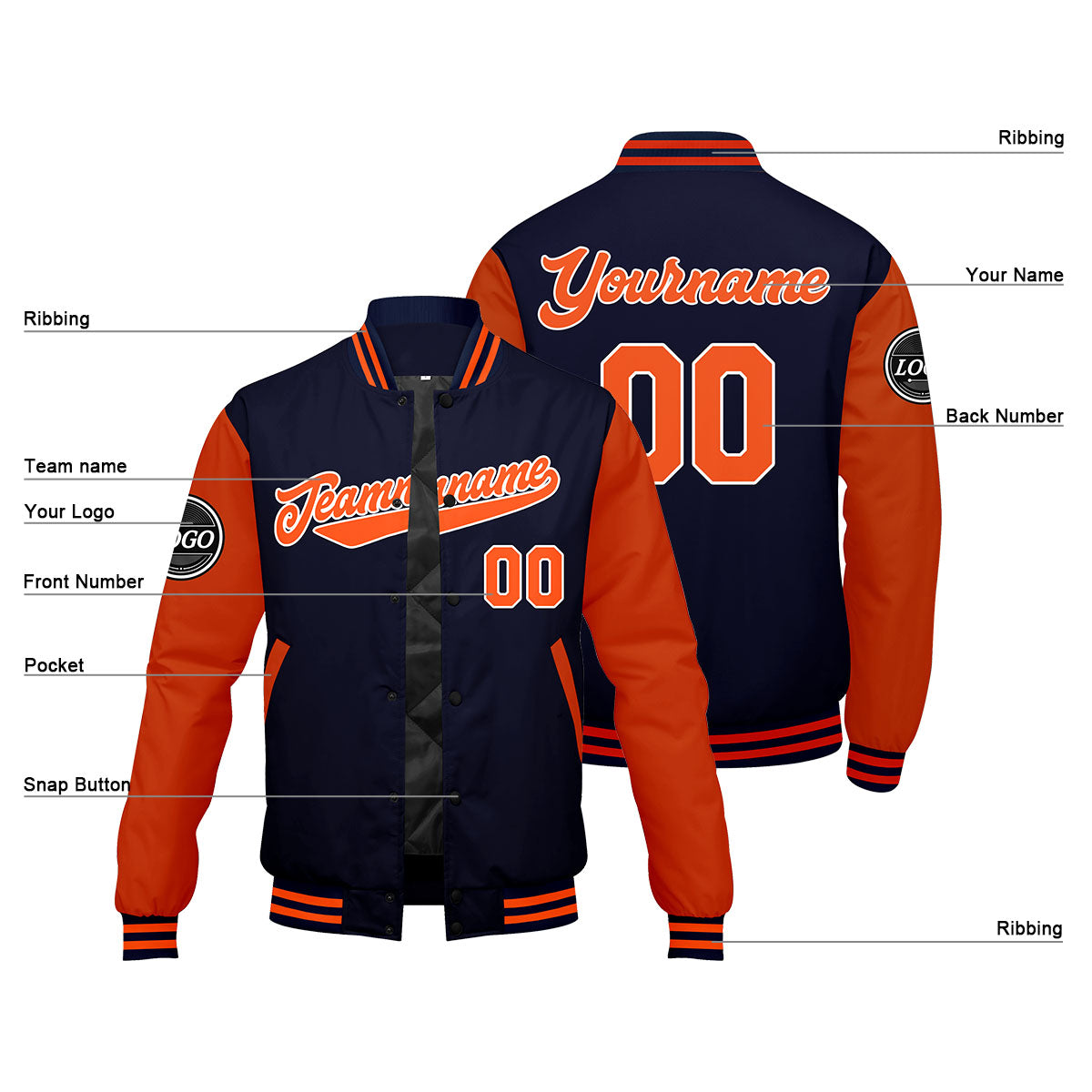 Chaqueta universitaria personalizada estilo Letterman para hombres-mujeres y jóvenes-color azul marino y naranja