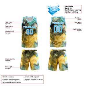 Uniforme de baloncesto personalizado azul claro y amarillo con tu logotipo-nombre y número impresos