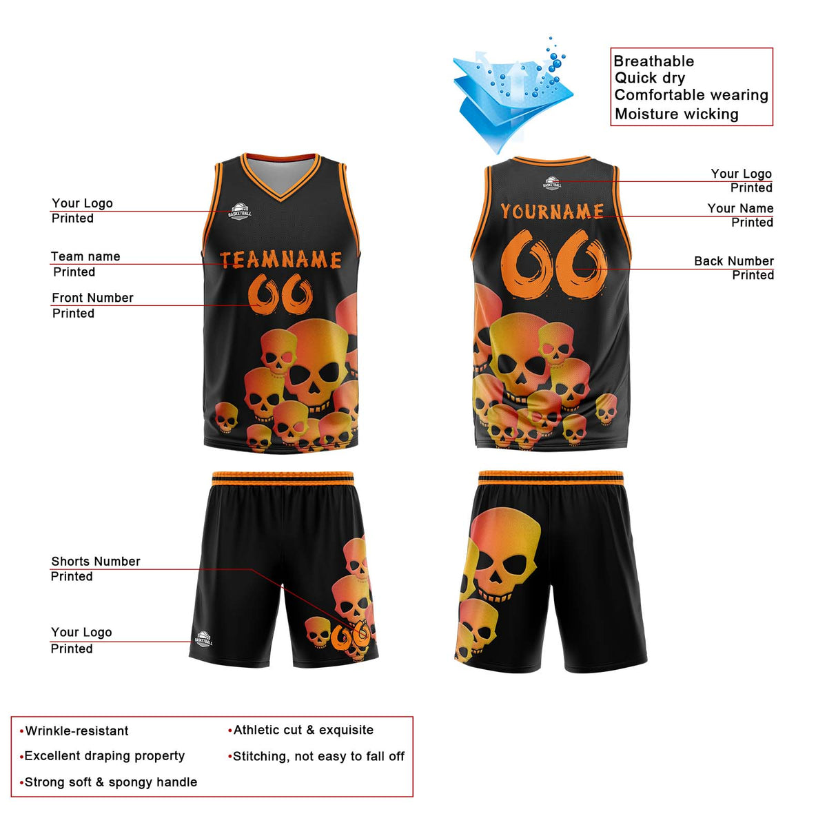 Uniforme de baloncesto personalizado color naranja fluido con tu logotipo-nombre y número impresos