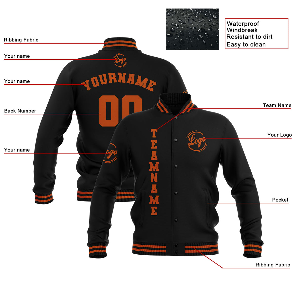 Chaquetas universitarias impermeables negras y naranja oscuro personalizadas con nombre-número y logotipo bordados a medida