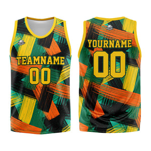 Uniforme de baloncesto personalizado amarillo y verde con tu logotipo-nombre y número impresos