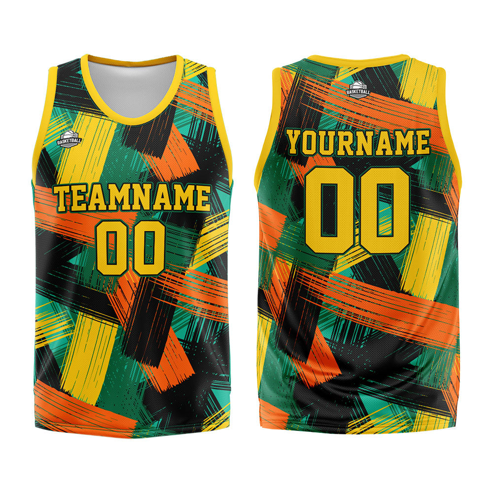 Uniforme de baloncesto personalizado amarillo y verde con tu logotipo-nombre y número impresos