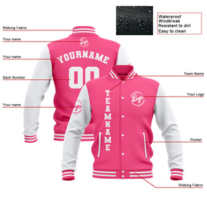 Chaquetas universitarias impermeables personalizadas en rosa y blanco con nombre-número y logotipo bordados a medida