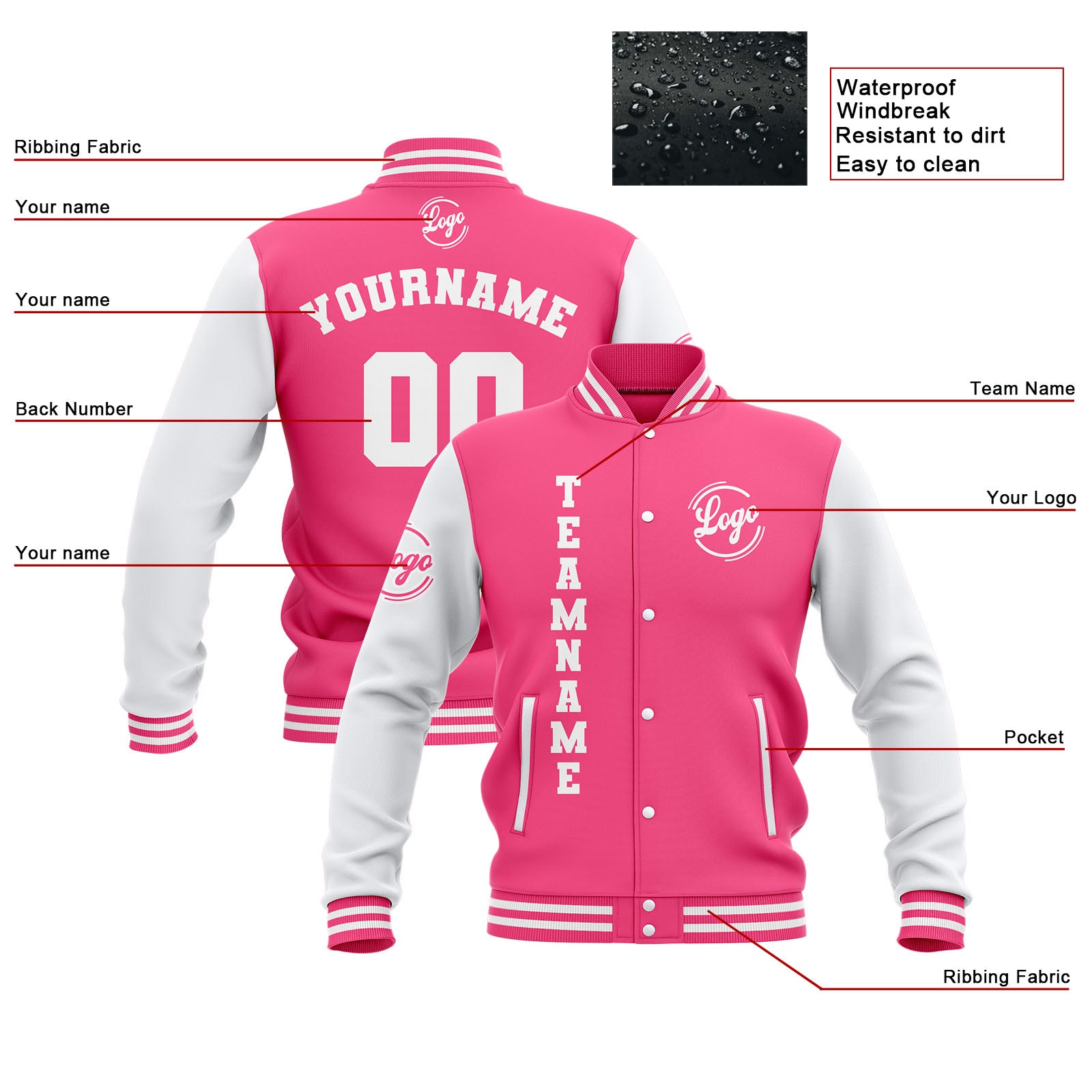 Chaquetas universitarias impermeables personalizadas en rosa y blanco con nombre-número y logotipo bordados a medida