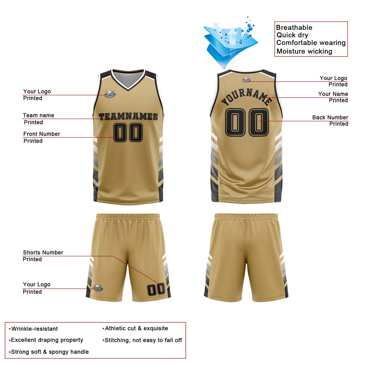 Traje de baloncesto reversible personalizado en dorado-blanco y negro para adultos y niños