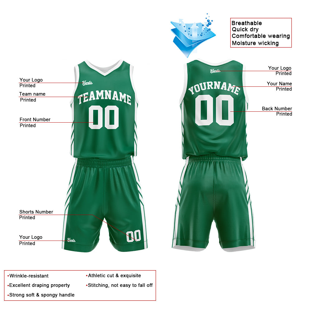 Uniforme de baloncesto personalizado verde y blanco con tu logotipo-nombre y número impresos